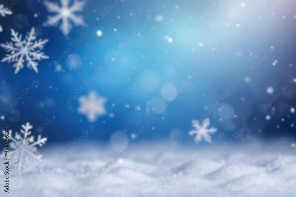 Naklejka premium Defocused abstract blue background with snowflakes, snow and bokeh effect. For Christmas and New Year design, festive backdrop, holiday banner, winter-themed projects, seasonal promotion, digital art