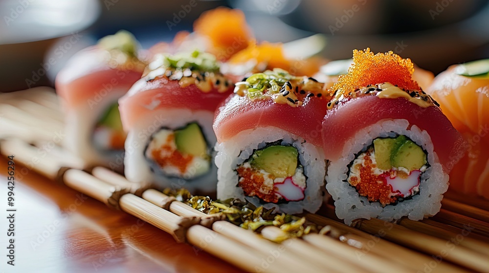 Vibrant Sushi Roll Display on Bamboo Mat: Perfect Poster for Culinary Enthusiasts and Sports Interiors Featuring Tuna, Avocado, Cucumber, Wasabi, and Pickled Ginger! Vibrant Sushi Roll Display on Bamboo Mat: Perfect Poster for Culinary Enthusiasts and Sports Interiors Featuring Tuna, Avocado, Cucumber, Wasabi, and Pickled Ginger!