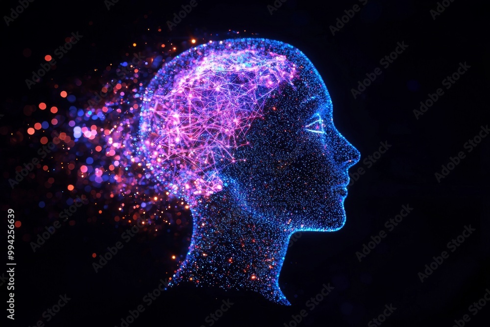 Image illustrating a digital brain, circuit board and neural network in the head and face of a blue woman Image illustrating a digital brain, circuit board and neural network in the head and face of a blue woman