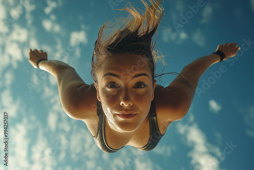 Superheroine Flying Into Ac...