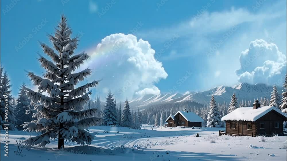 Serene winter landscape with a snow-covered evergreen tree, rustic cabins, and majestic snow-capped mountains, set against a bright blue sky with fluffy white clouds, evoking a sense of pristine, cold