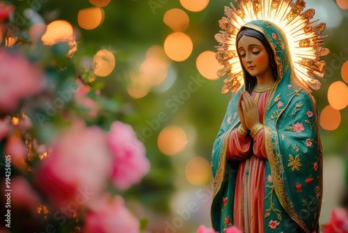 Statue of our lady of guadalupe praying in rose garden with bokeh lights photo