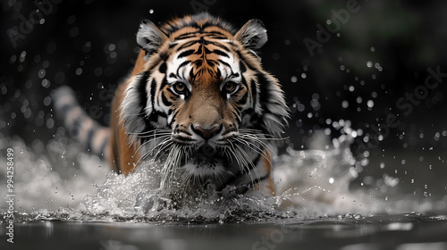 Tiger Charging Through Water, Focused Expression, Dramatic Action