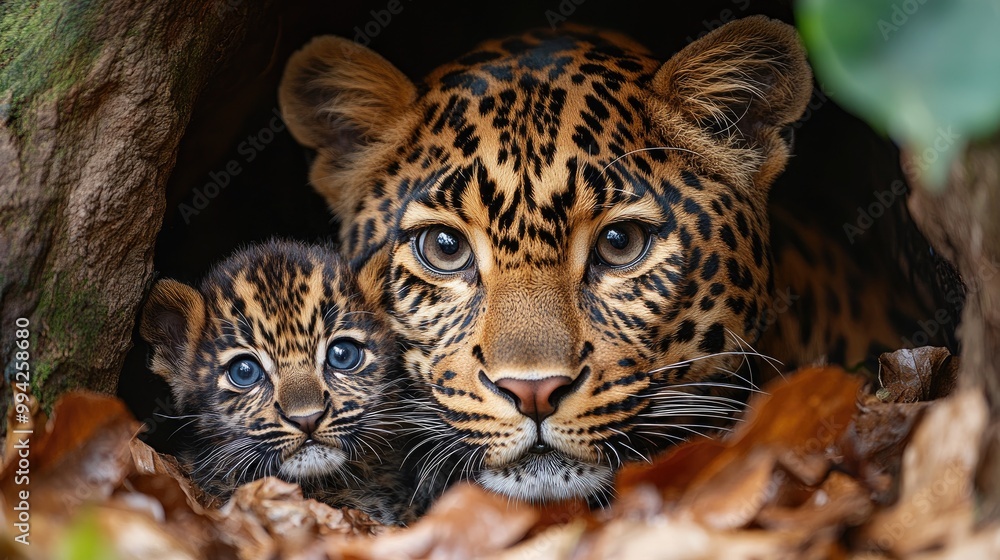 Leopard mother and cub posing in the jungle Leopard mother and cub posing in the jungle