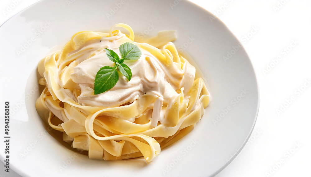 Fettuccine Alfredo is an Italian pasta dish made with fettuccine, butter, and Parmesan cheese. Popular menu item in restaurants throughout the world. Isolated on white background with copy space Fettuccine Alfredo is an Italian pasta dish made with fettuccine, butter, and Parmesan cheese. Popular menu item in restaurants throughout the world. Isolated on white background with copy space