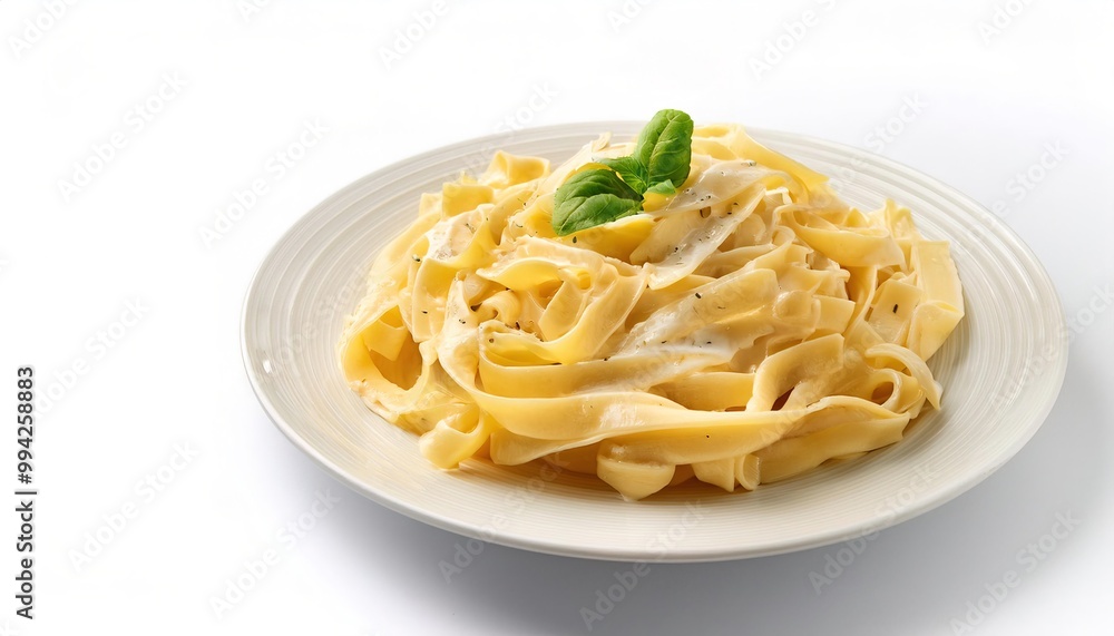 Fettuccine Alfredo is an Italian pasta dish made with fettuccine, butter, and Parmesan cheese. Popular menu item in restaurants throughout the world. Isolated on white background with copy space Fettuccine Alfredo is an Italian pasta dish made with fettuccine, butter, and Parmesan cheese. Popular menu item in restaurants throughout the world. Isolated on white background with copy space