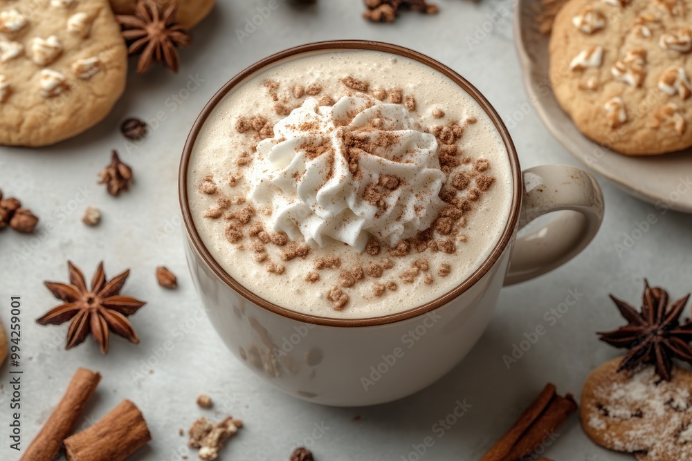 Steaming mug of spiced latte surrounded by cookies and spices for christmas Steaming mug of spiced latte surrounded by cookies and spices for christmas
