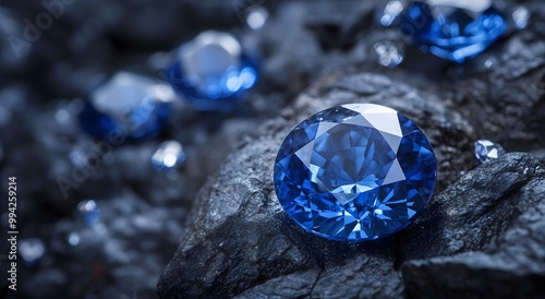 A close-up of blue sapphires and blue diamonds, placed on dark gray rocks with other gemstones in the background. The focus is on one large oval-shaped blue sapphire shining brightly.