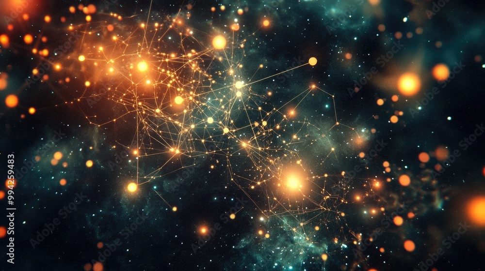 Beautiful digital visual of glowing nodes connected in an intricate network, set against a cosmic backdrop filled with twinkling stars Beautiful digital visual of glowing nodes connected in an intricate network, set against a cosmic backdrop filled with twinkling stars