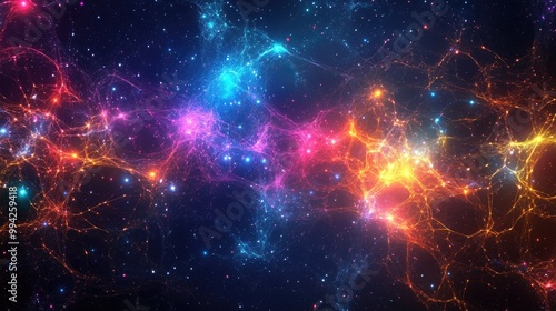 Beautiful colorful digital network of glowing nodes, intricately connected over a deep cosmic background with stars twinkling