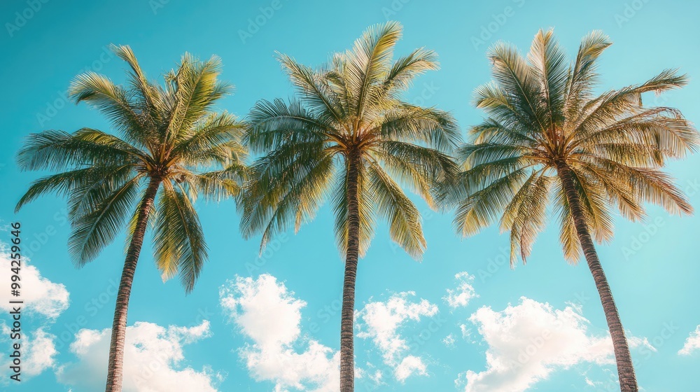 Obraz premium Palm trees soaring into blue sky with fluffy white clouds