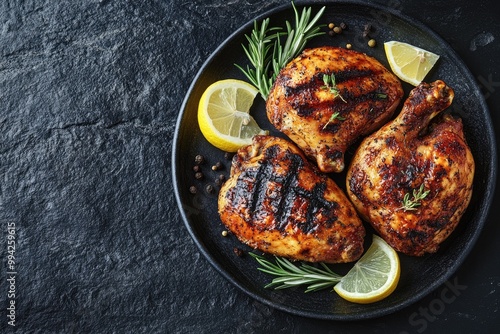 Grilled chicken thighs with lemon and rosemary on black plate