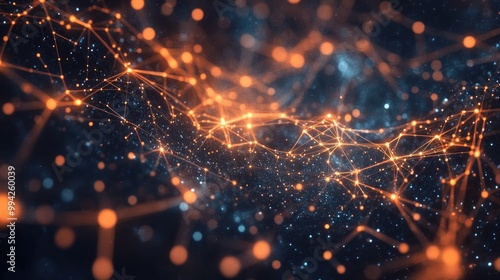 Stunning digital visual showcasing intricate network connections and glowing nodes, with a cosmic background filled with stars