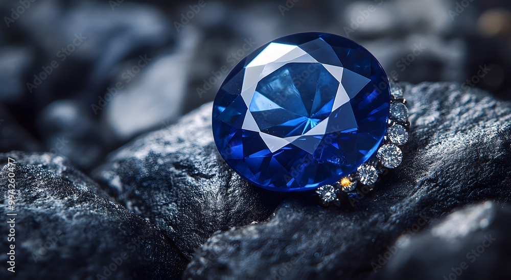 A close-up of blue sapphires and blue diamonds, placed on dark gray rocks with other gemstones in the background. The focus is on one large oval-shaped blue sapphire shining brightly. A close-up of blue sapphires and blue diamonds, placed on dark gray rocks with other gemstones in the background. The focus is on one large oval-shaped blue sapphire shining brightly.