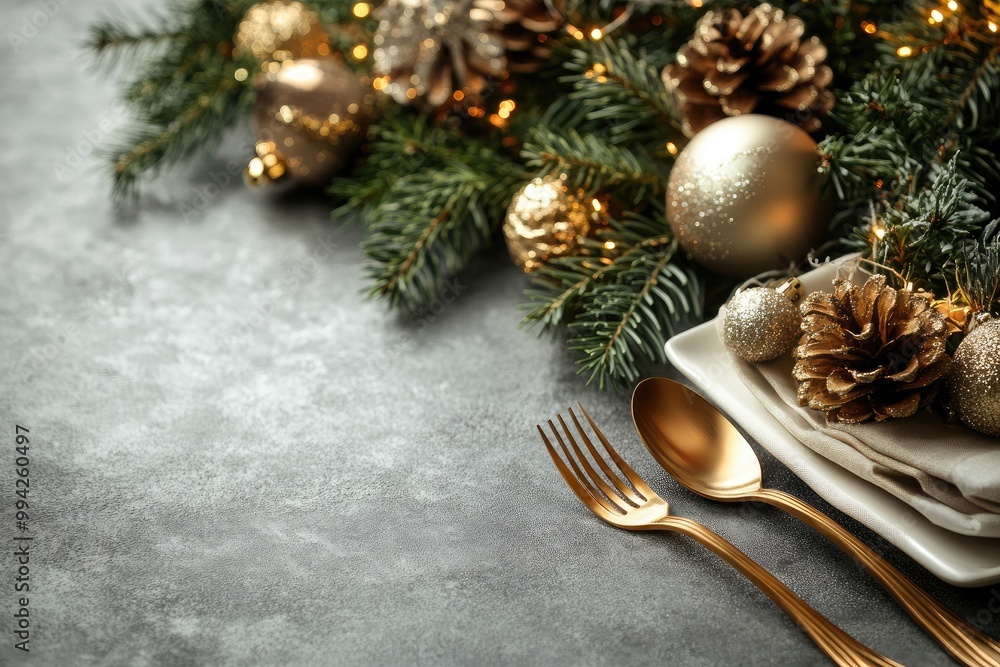 Elegant christmas table setting with golden cutlery and decorations Elegant christmas table setting with golden cutlery and decorations