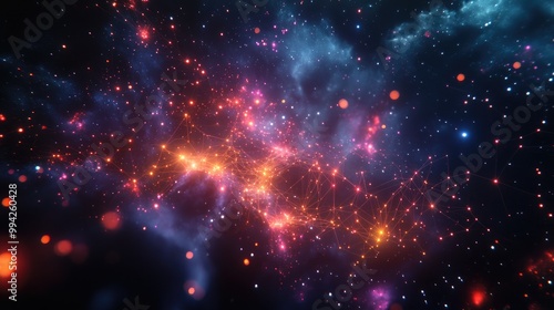 Vibrant digital visual showcasing glowing nodes and intricate network connections, set against a deep cosmic starry backdrop