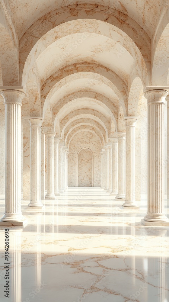 Sunlight illuminating a palace hallway with marble columns Sunlight illuminating a palace hallway with marble columns