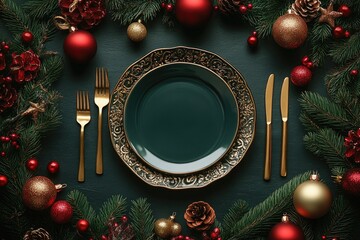 Elegant christmas table setting with golden cutlery and green plates