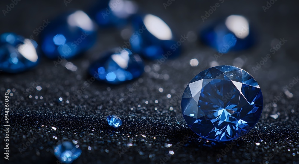A close-up of blue sapphires and blue diamonds, placed on dark gray rocks with other gemstones in the background. The focus is on one large oval-shaped blue sapphire shining brightly. A close-up of blue sapphires and blue diamonds, placed on dark gray rocks with other gemstones in the background. The focus is on one large oval-shaped blue sapphire shining brightly.
