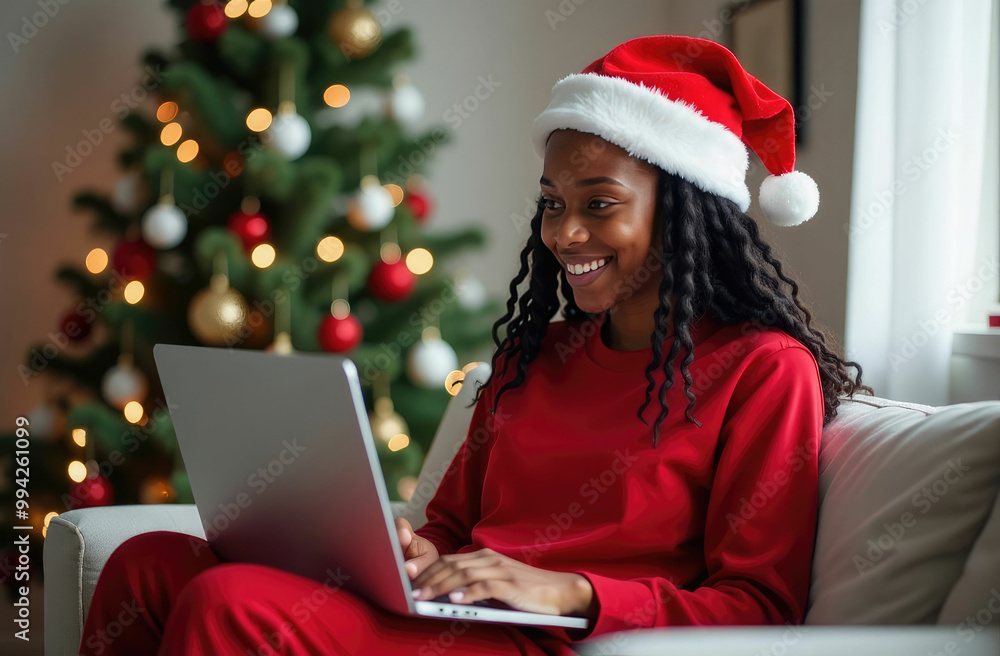 A happy girl in a New Year's Santa Claus costume orders gifts online, Christmas 2025 A happy girl in a New Year's Santa Claus costume orders gifts online, Christmas 2025