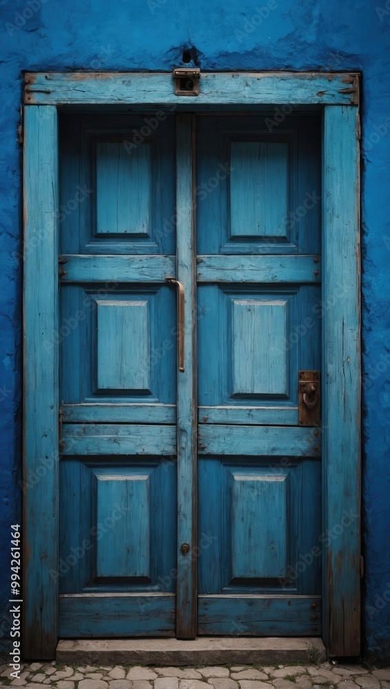 Weathered wooden door with peeling blue paint and exposed wood, small window above Weathered wooden door with peeling blue paint and exposed wood, small window above