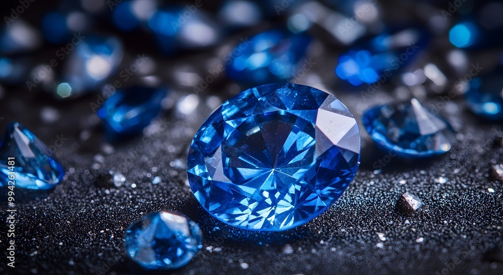 A close-up of blue sapphires and blue diamonds, placed on dark gray rocks with other gemstones in the background. The focus is on one large oval-shaped blue sapphire shining brightly. A close-up of blue sapphires and blue diamonds, placed on dark gray rocks with other gemstones in the background. The focus is on one large oval-shaped blue sapphire shining brightly.