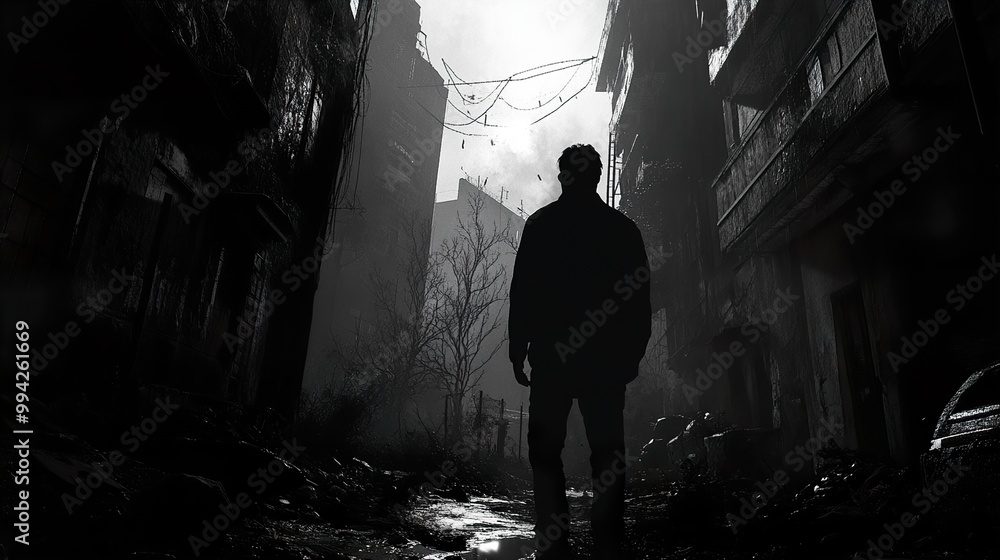 Silhouette of a Man in a Ruined Cityscape Silhouette of a Man in a Ruined Cityscape