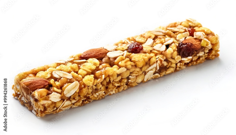 Granola bar or muesli bars consist of granola mixed with honey or other sweetened syrup, raisin and nuts pressed and baked into a bar shape. isolated on white background with copy space. Granola bar or muesli bars consist of granola mixed with honey or other sweetened syrup, raisin and nuts pressed and baked into a bar shape. isolated on white background with copy space.