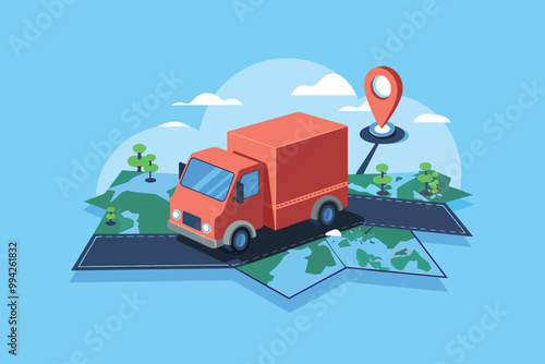 Delivery truck over map with gps pin, logistics and location concept.