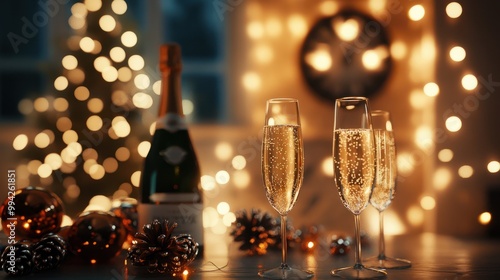 new yearâs eve party decorations and countdown with sparkle and champagne and decorations photo