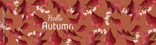 Bannière automne texte modifiable feuilles baies rouges bordeaux rouge marron fond orange vecteur 