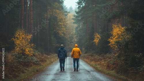 Two senior men hiking on road in forest during autumn