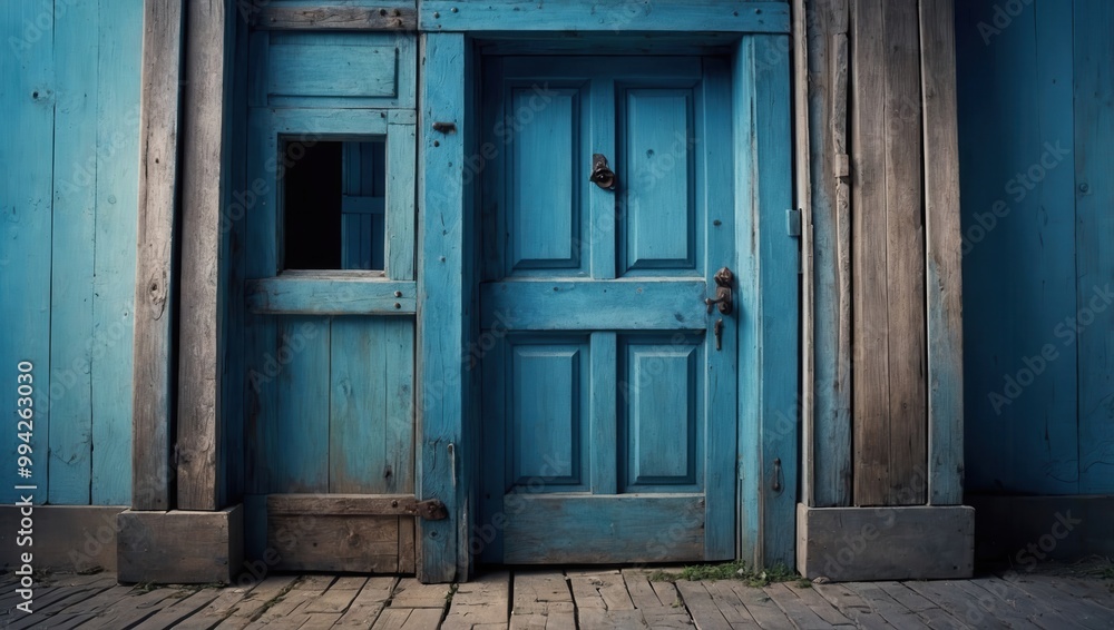 Faded blue wooden door with horizontal panels, weathered and showing signs of age Faded blue wooden door with horizontal panels, weathered and showing signs of age