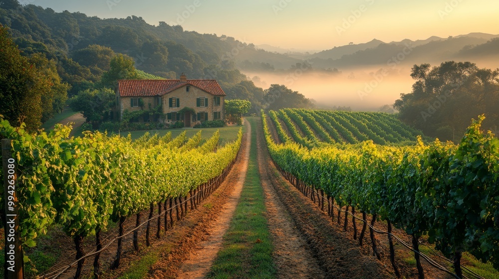 Naklejka premium Vineyard Pathway Leading to a Country House at Dawn