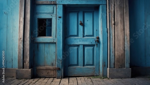 Faded blue wooden door with horizontal panels, weathered and showing signs of age