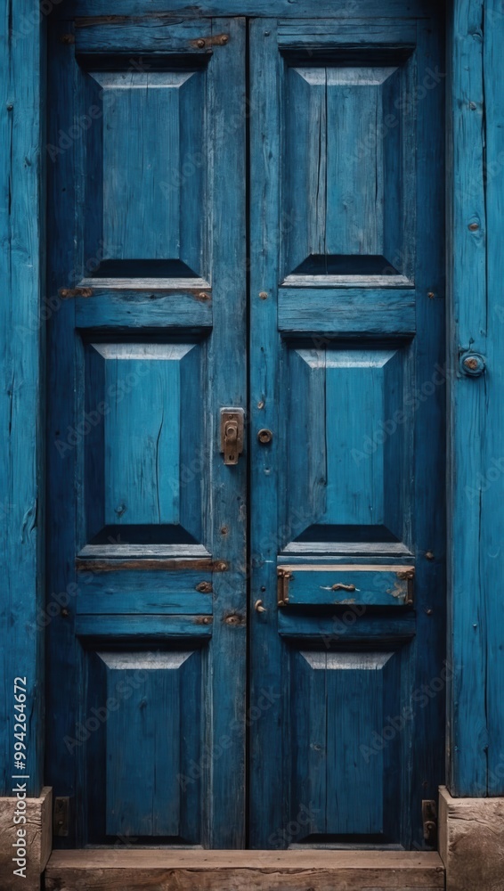 Closed blue wooden door with weathered paint in rustic setting, no people present Closed blue wooden door with weathered paint in rustic setting, no people present