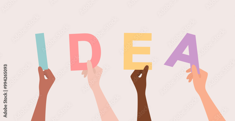 Hands of people of different nationalities holding up multicolored letters forming the word idea. Flat vector illustration Hands of people of different nationalities holding up multicolored letters forming the word idea. Flat vector illustration