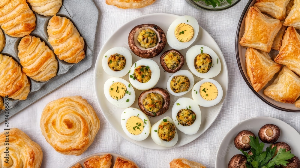 Aerial view of elegant appetizer spread deviled eggs, stuffed mushrooms, and delicate puff pastries, on white linen, ideal for a sophisticated gathering Aerial view of elegant appetizer spread deviled eggs, stuffed mushrooms, and delicate puff pastries, on white linen, ideal for a sophisticated gathering