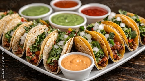 Vibrant platter of Mexican street food bites, mini tacos, and colorful sauces, styled with a lively fiesta atmosphere, perfect for festive gatherings