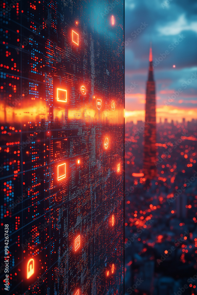 Fototapeta premium A city skyline with a tall building in the background