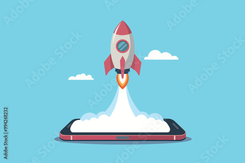 Rocket taking off from a cell phone, technology and startup concept.