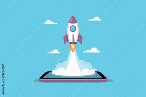 Rocket taking off from a cell phone, technology and startup concept.