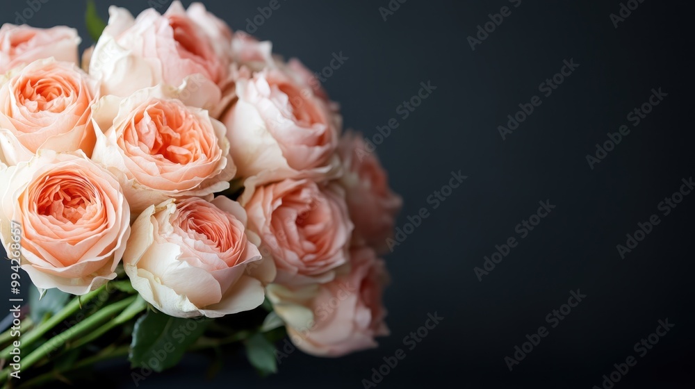 A close-up view of a beautifully arranged bouquet of blush pink roses with fresh green leaves, showcasing the intricate details and vibrant beauty of each flower. A close-up view of a beautifully arranged bouquet of blush pink roses with fresh green leaves, showcasing the intricate details and vibrant beauty of each flower.
