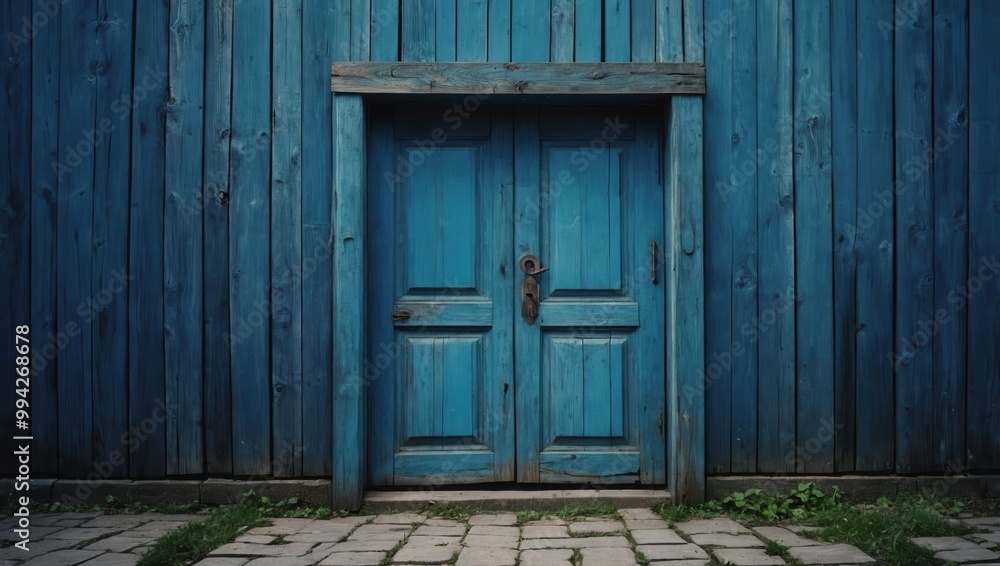 Aged blue wooden door with scuffs, situated in rustic rural setting Aged blue wooden door with scuffs, situated in rustic rural setting