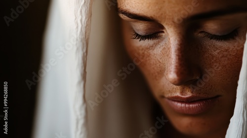 This moody portrait shows a woman in reflective contemplation, with a cloak softly draped over her head, adding mystique to the solemn atmosphere. photo