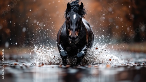 A captivating shot of a robust black horse charging swiftly through the water, creating turbulent splashes and capturing the essence of motion and strength in a scenic outdoor setting. photo