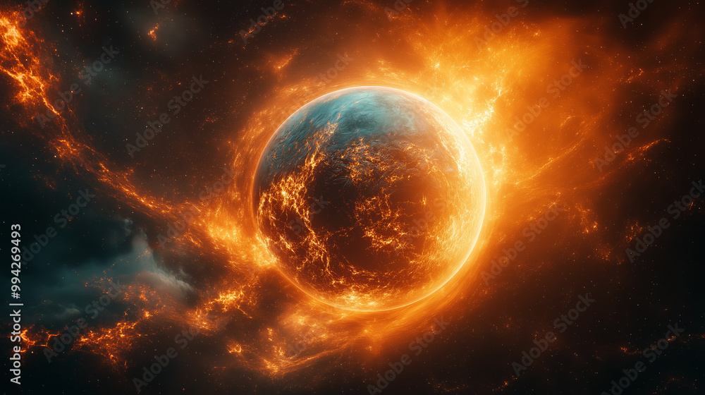 A planet is surrounded by a bright orange cloud of fire A planet is surrounded by a bright orange cloud of fire