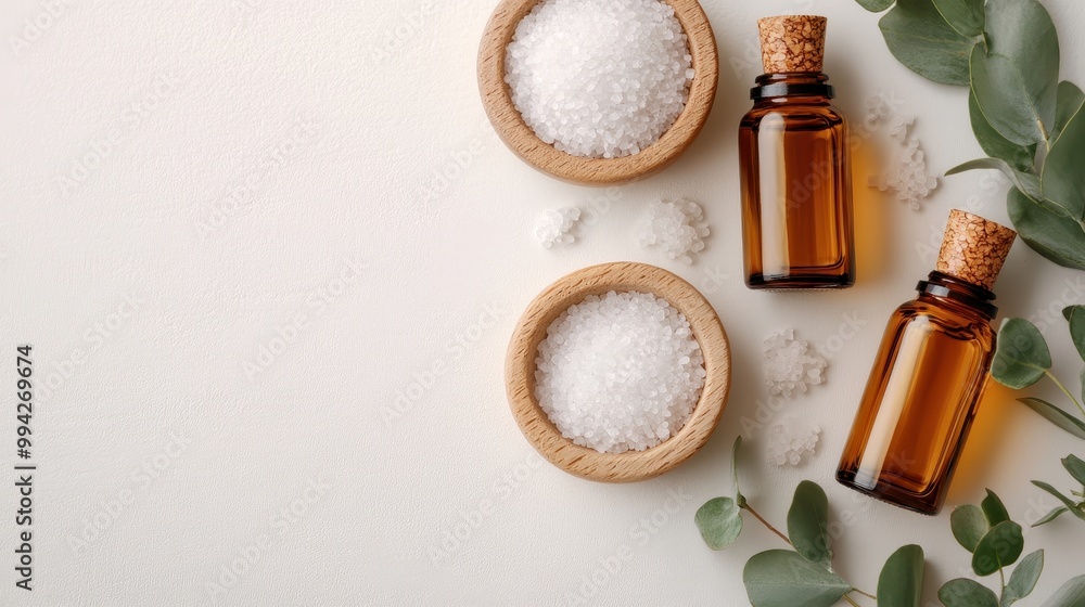 Two wooden bowls of sea salt and two amber bottles of essential oils are neatly arranged with scattered eucalyptus leaves, creating a natural and serene setting. Two wooden bowls of sea salt and two amber bottles of essential oils are neatly arranged with scattered eucalyptus leaves, creating a natural and serene setting.