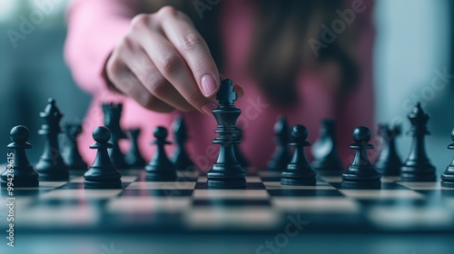 A person wearing a pink sweater is shown moving a black chess piece on a chessboard, focusing on the play. The wooden chessboard and pieces are set up for the game.