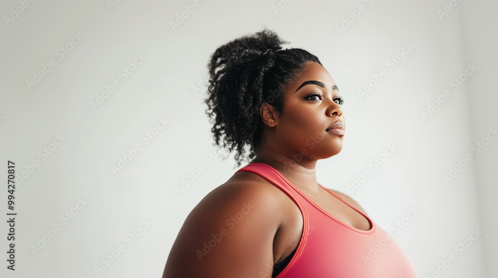 Stylish plus size woman in vibrant sportswear posing against a bright white studio backdrop Stylish plus size woman in vibrant sportswear posing against a bright white studio backdrop